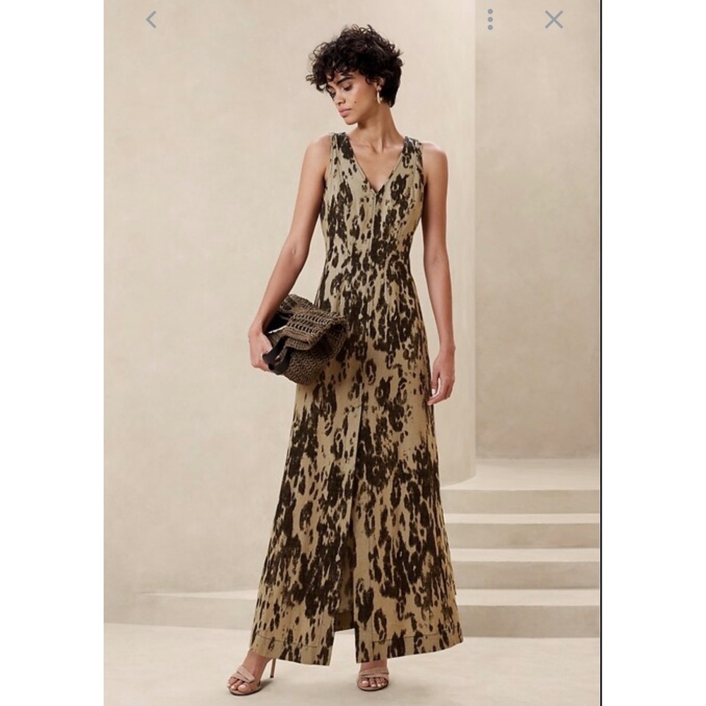 Banana Republic Linen Blend Seam Bodice Maxi Dress Leopard Print Size 6
